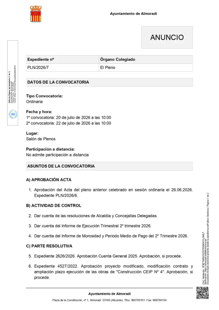 CONVOCATORIA DE PLENO ORDINARIO