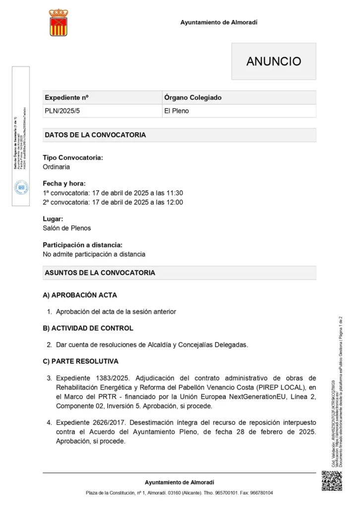 CONVOCATORA PLENO ORDINARIO